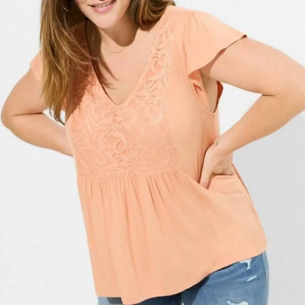 Torrid Women's Plus Size Super Soft Lace Detail Flutter Sleeve Top